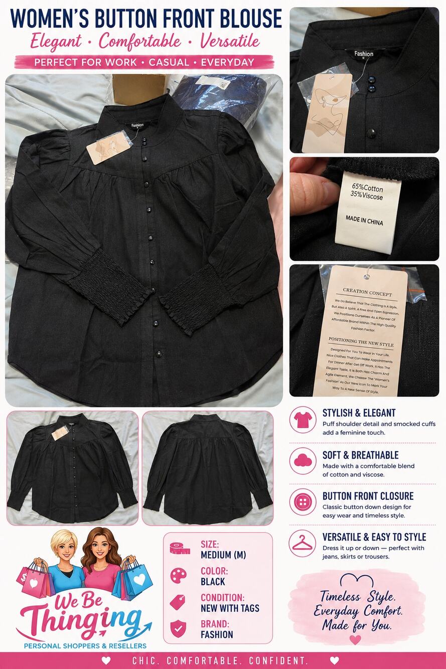Fashion Black Button Front Puff Sleeve Blouse Smocked Cuffs NWT Women's M